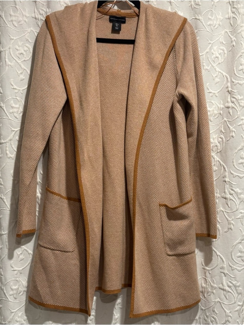 Adrienne Vittadini Beige Open-Front Hooded Cardigan with Camel Trim